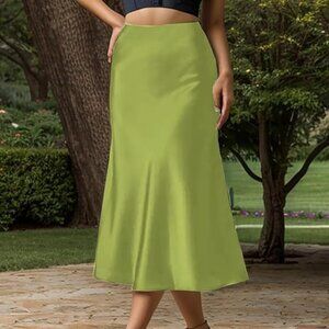Women's Satin High Waist Hidden Elasticized Waistband Flared Casual A Line Midi